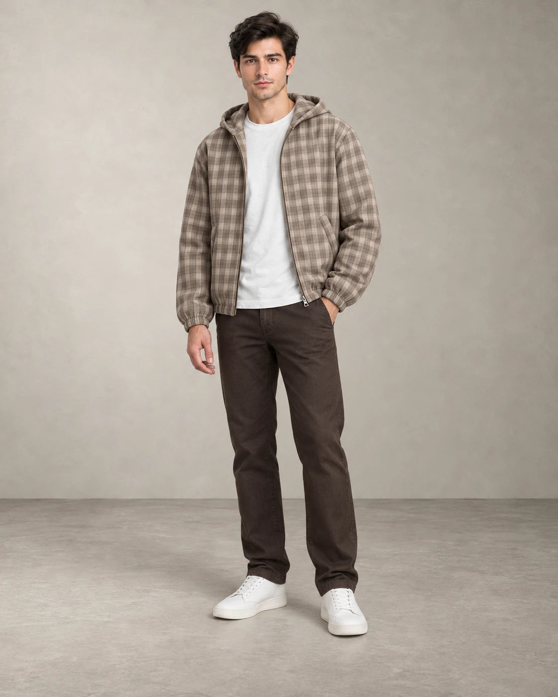 CHECK HOODED JACKET – Braun-Beige