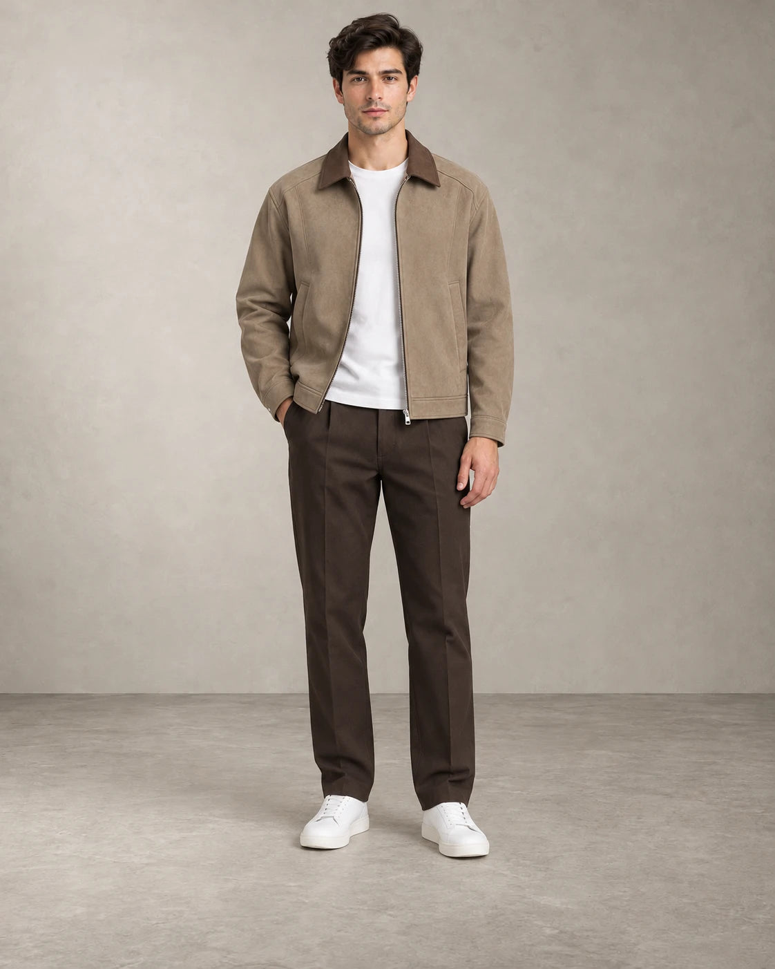 CONTRAST COLLAR SUEDE JACKET – Beige