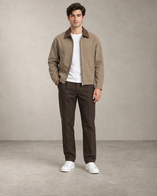 CONTRAST COLLAR SUEDE JACKET – Beige