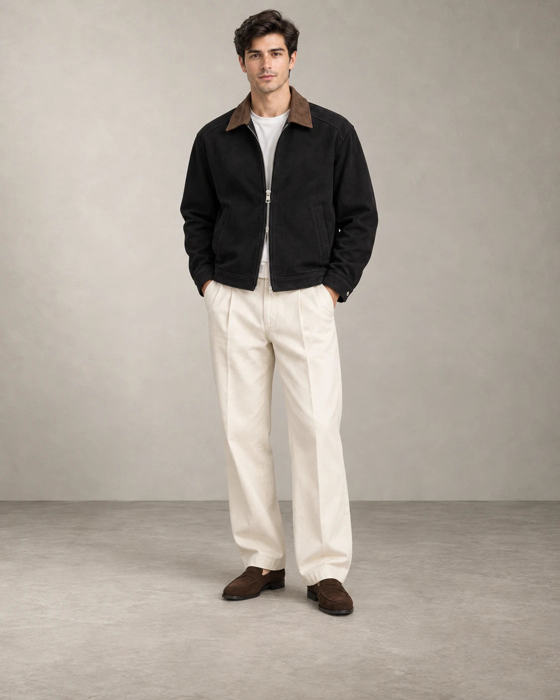 CONTRAST COLLAR SUEDE JACKET – Schwarz