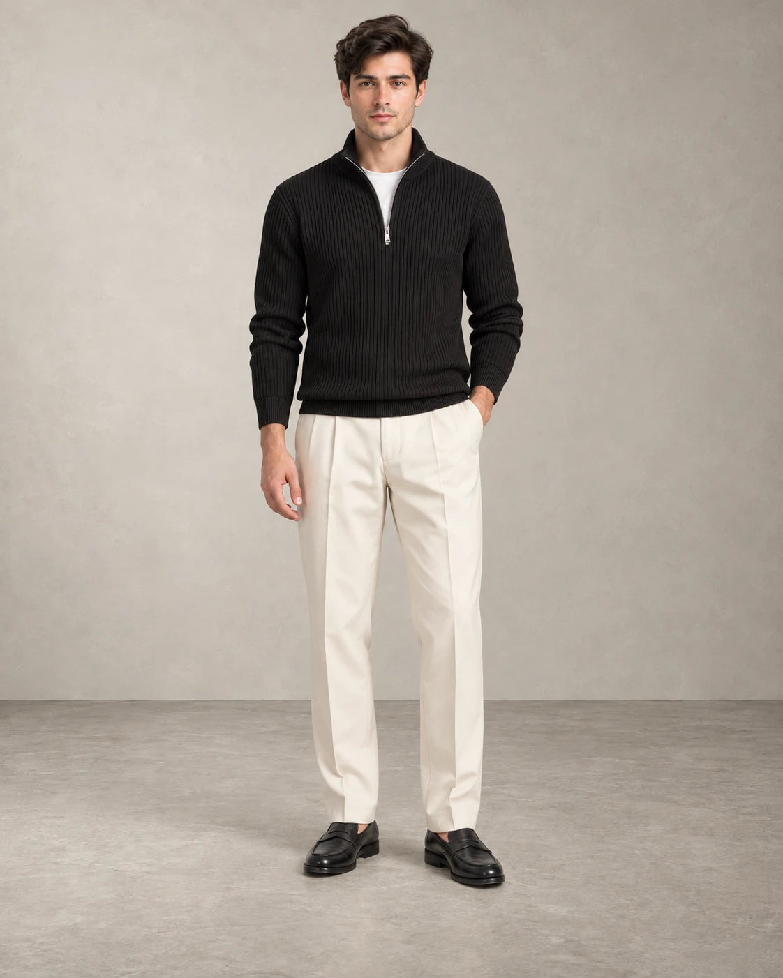 RIBBED HALF-ZIP KNIT – Schwarz