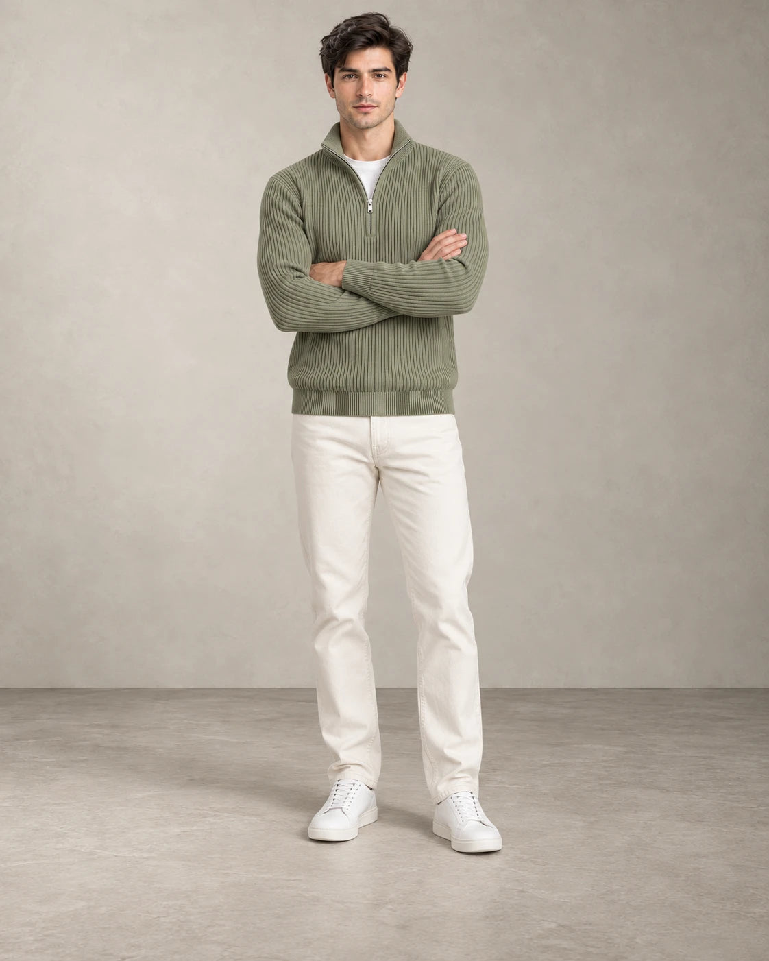 RIBBED HALF-ZIP KNIT – Salbeigrün