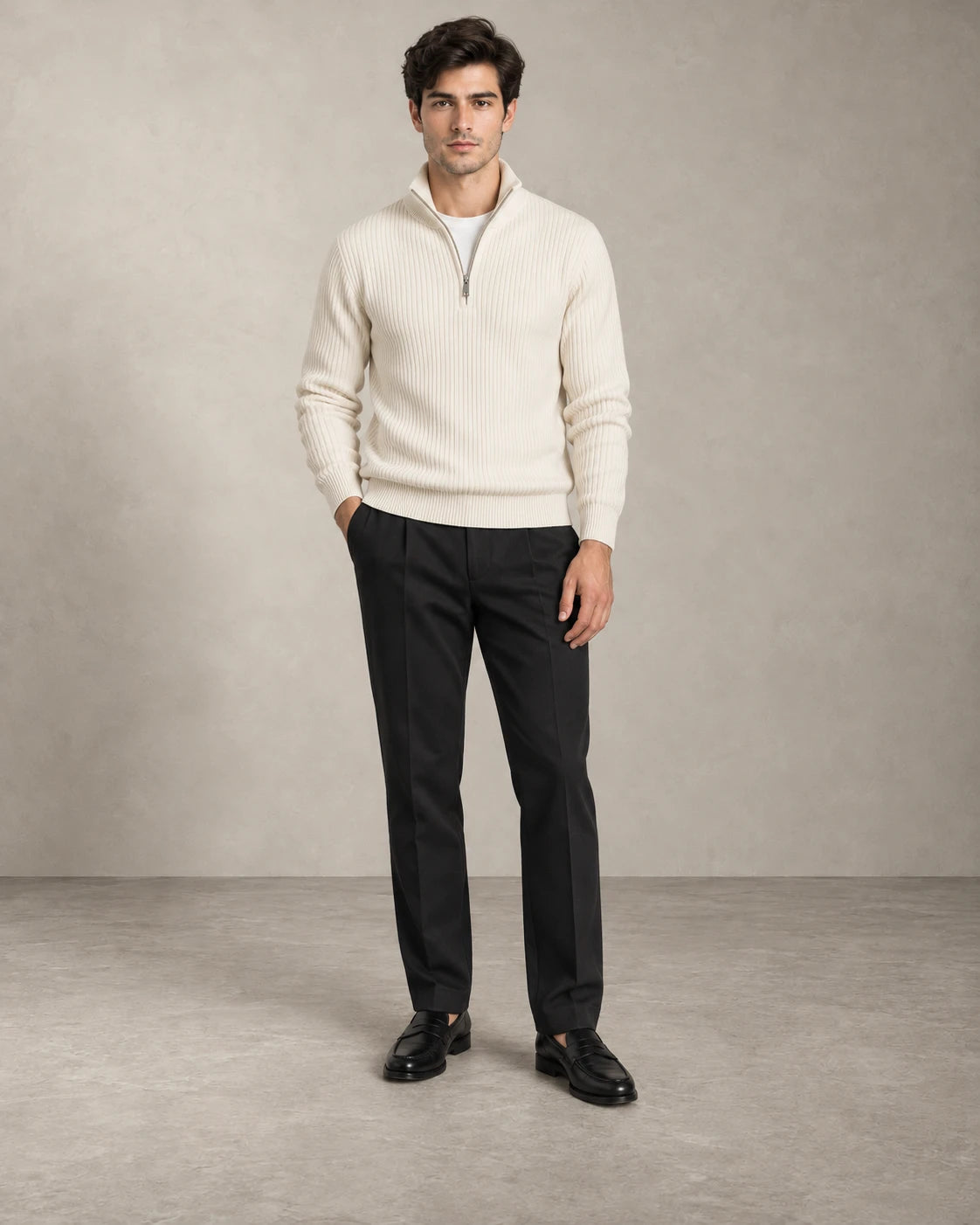 RIBBED HALF-ZIP KNIT – Creme
