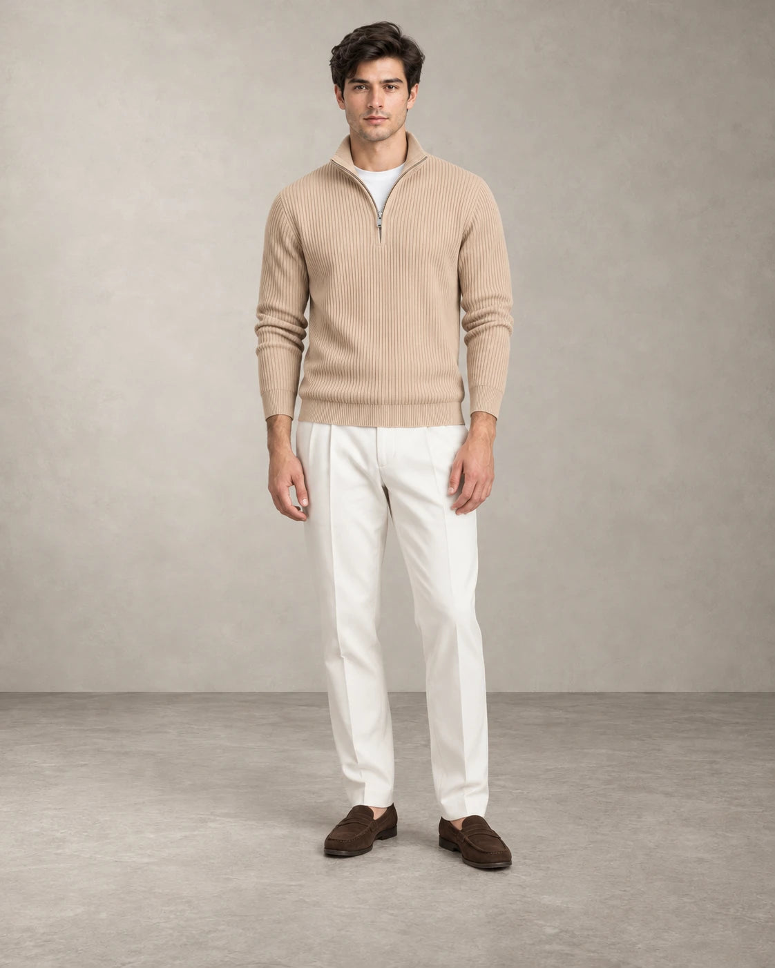 RIBBED HALF-ZIP KNIT – Beige