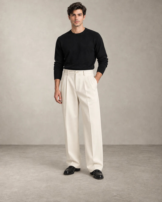 PLEATED WIDE TROUSERS – Creme