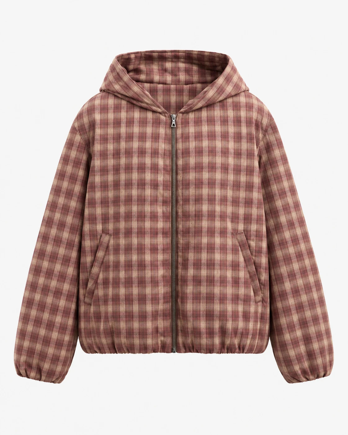 CHECK HOODED JACKET – Rot-Beige