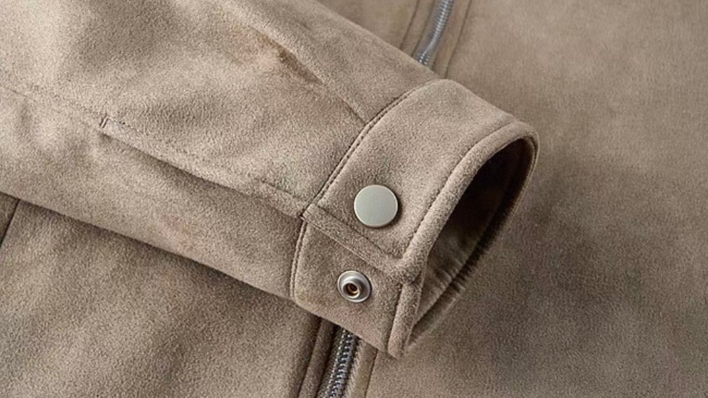 CONTRAST COLLAR SUEDE JACKET – Beige