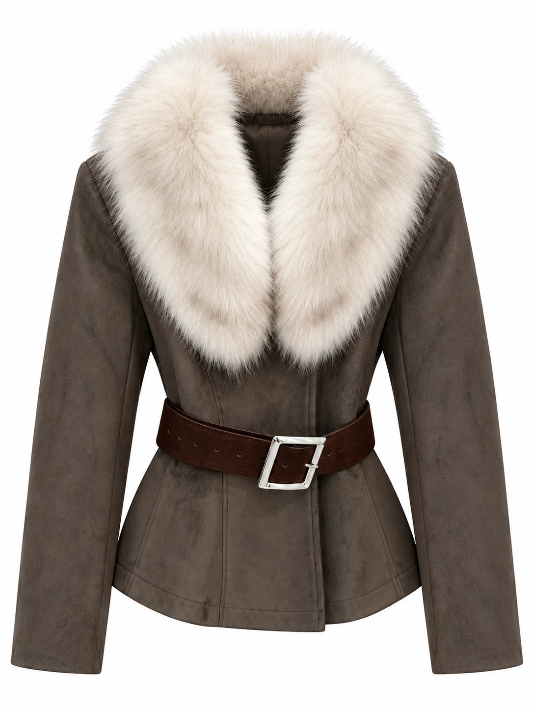 FUR COLLAR BELTED JACKET – Taupe